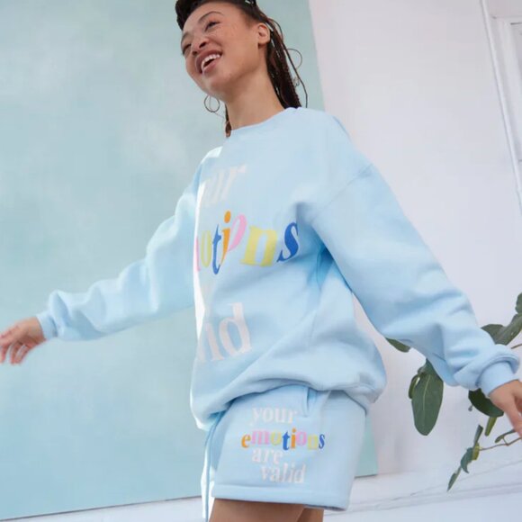 The Mayfair Group your emotions are valid crewneck/shorts in sky 2-PIECE SET
